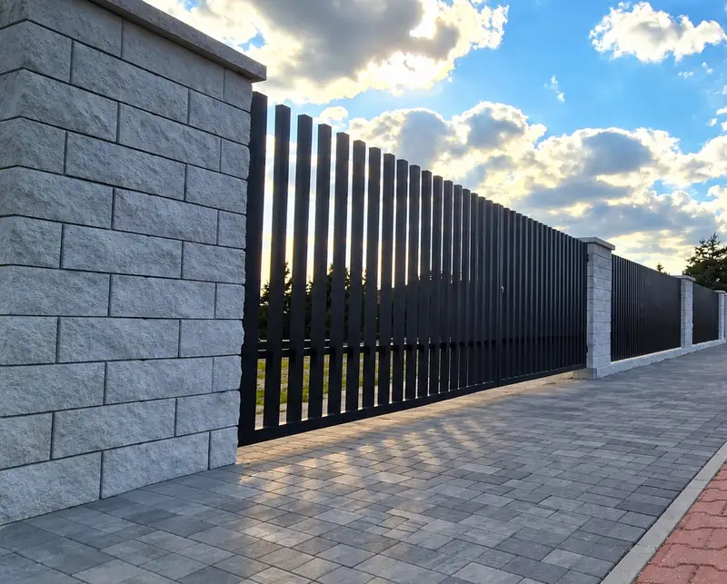 Pionowa palisada na tle jasnych bloczków wzdłuż chodnika